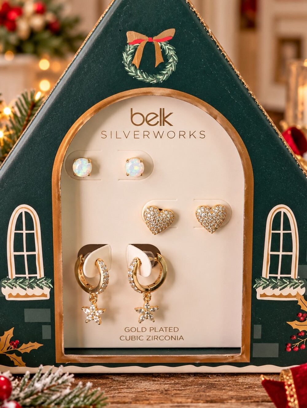 Belk Silverworks Gold Plated 3 Pair Holiday Earring Gift Set, NWT